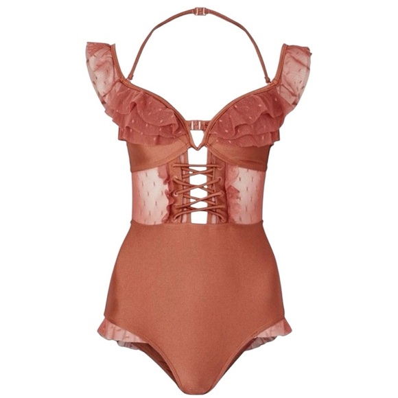 🌈 ZIMMERMANN CORSAIR CORSET RUFFLE One-Piece Swimsuit vintage rose size small - Picture 3 of 14